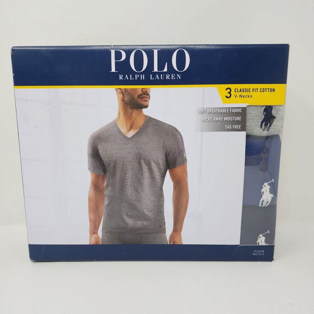 Polo Ralph Lauren Shirt Mens Small Gray Classic Fit Cotton V-Neck 3 Pack Tees